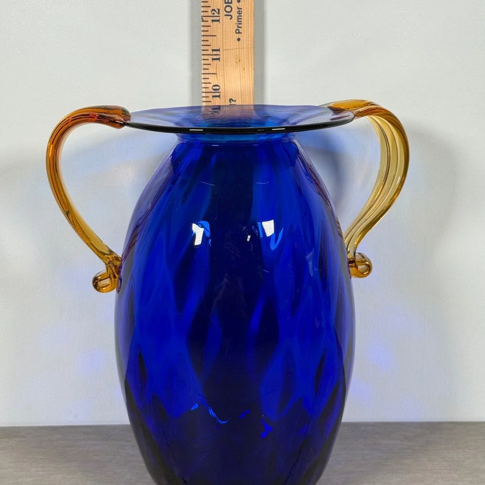 Blenko Cobalt Blue Optic Honeycomb Pitcher Amber Handles 9.5